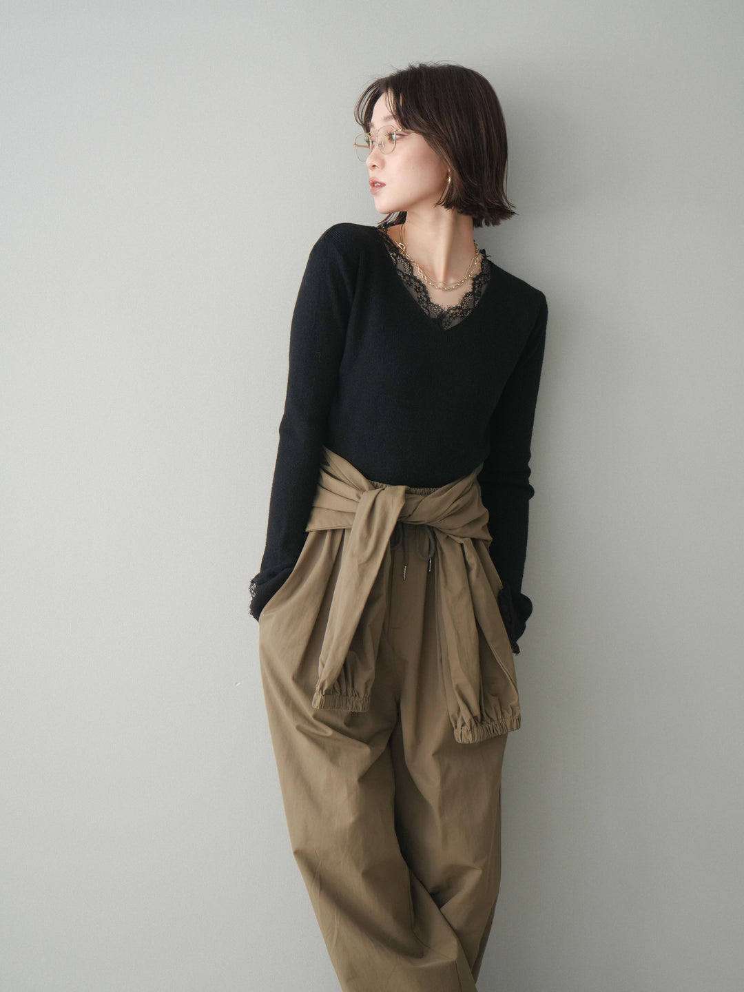 [SET]レースドッキングVネックニットトップス+レースドッキングVネックニットトップス(2set)