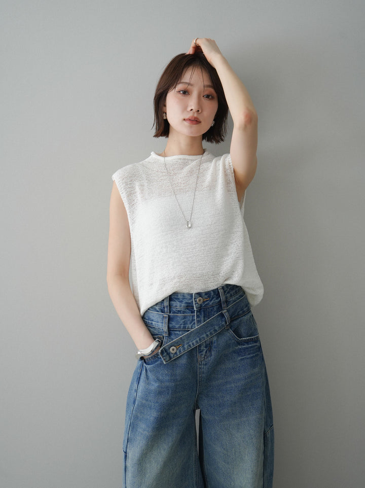 [予約]ノースリーブリネンタッチシアーニットプルオーバー/white