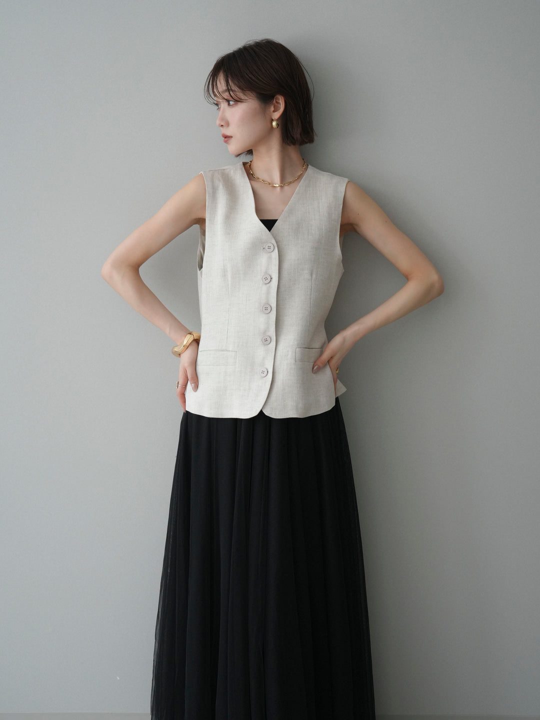 [予約]リネンタッチVネックジレ/ivory