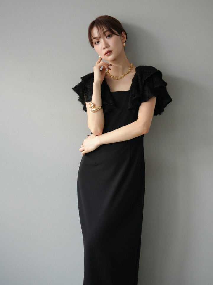 [予約]ジャガードフレアスリーブドレス/ブラック