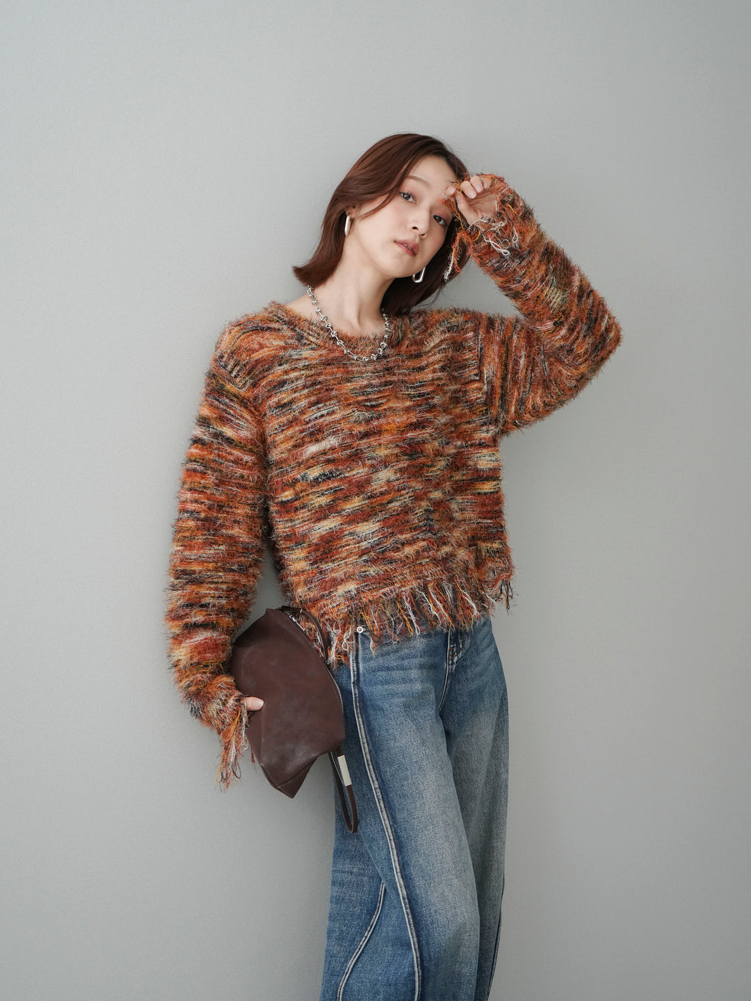 [予約]裾フリンジミックスヤーンシャギープルオーバー/orange
