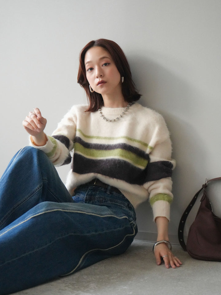 [SET]ソフトタッチボーダークロップドニットプルオーバー+サイドフリンジワイドデニムパンツ(2set)