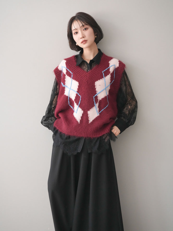 [SET]アーガイルVネックニットベスト+選べるアクセセット(2set)