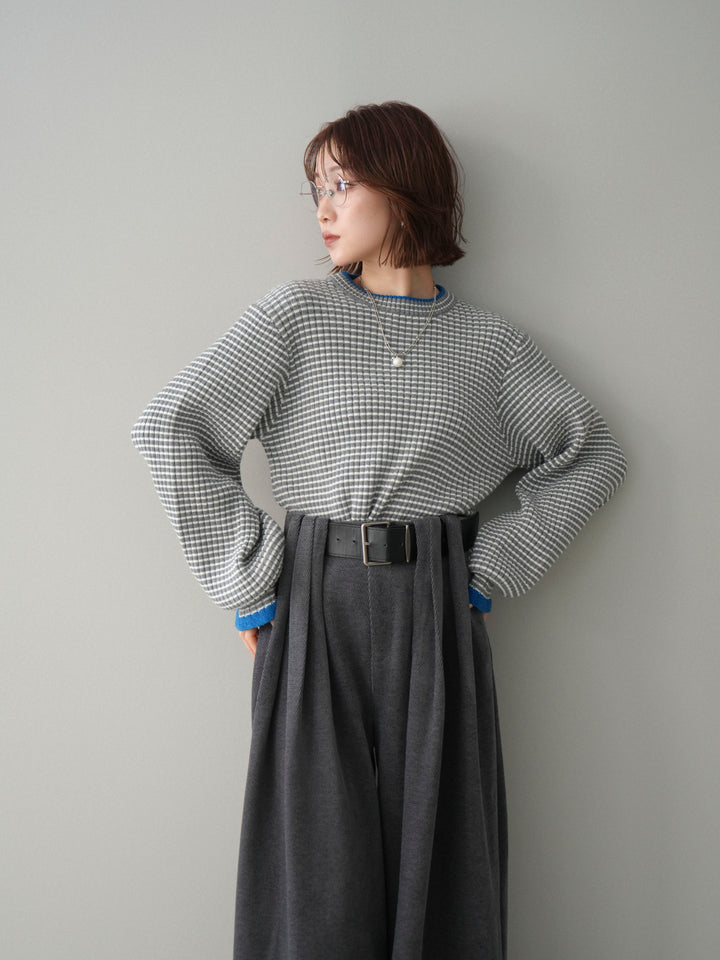 [予約]ラメ異素材ボーダーリブニットプルオーバー/charcoal×blue