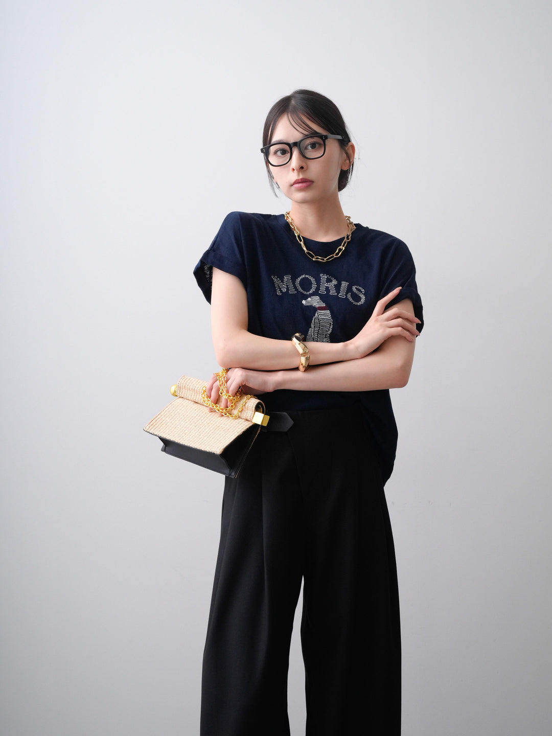 [SET]ドッグエンブロイダリーTEE+アシンメトリーベルトタックワイドパンツ(2set)