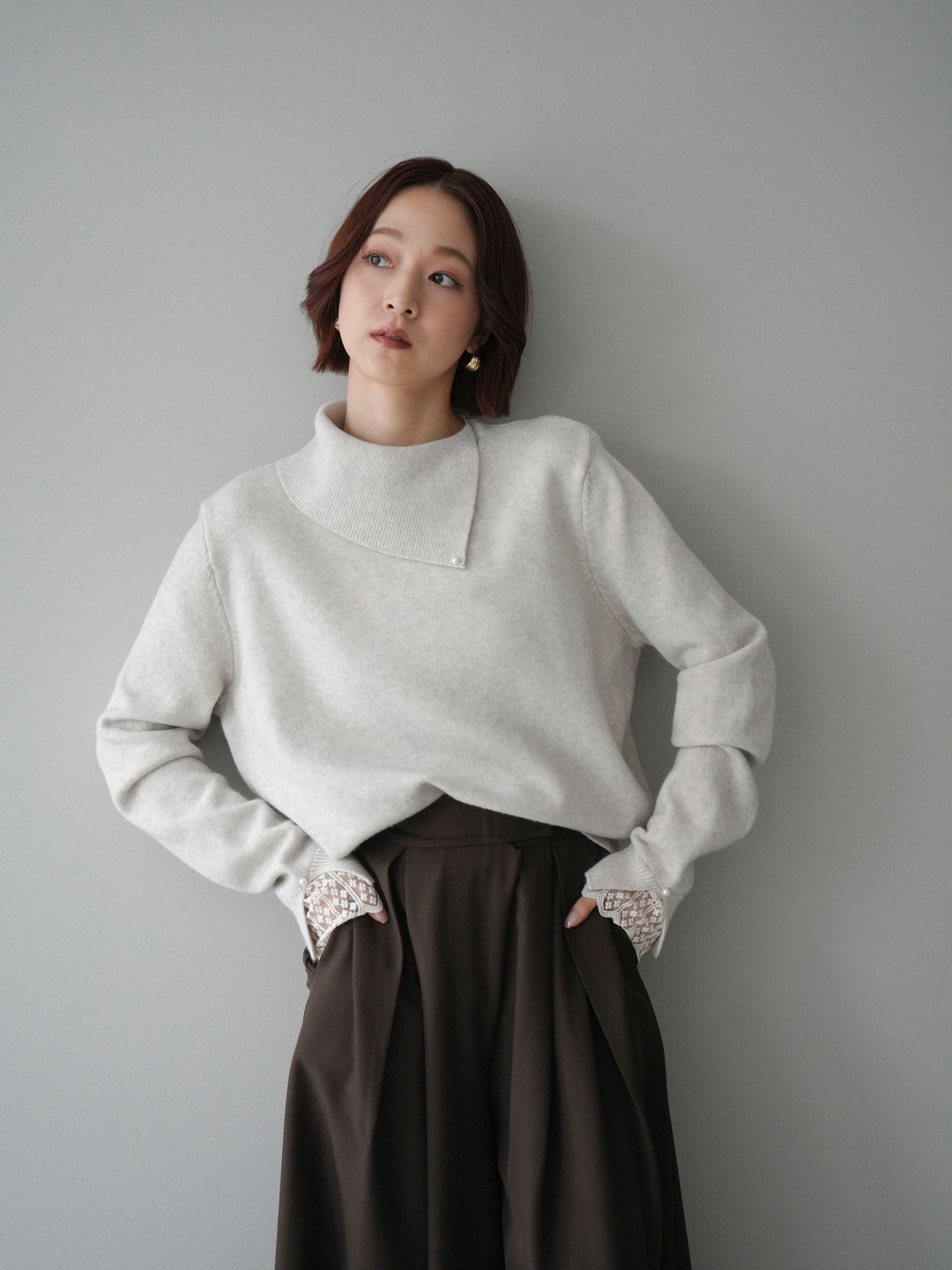 [SET]袖レースパール付き配色ニットトップス+テープベルトタックバギーパンツ(2set)