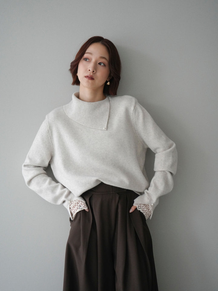 [SET]袖レースパール付き配色ニットトップス+テープベルトタックバギーパンツ(2set)