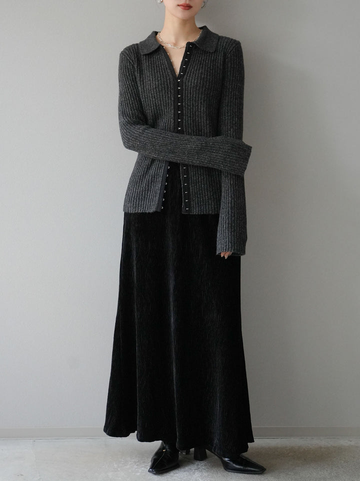 [預訂] 鉤眼細部領口針織開襟衫/炭灰