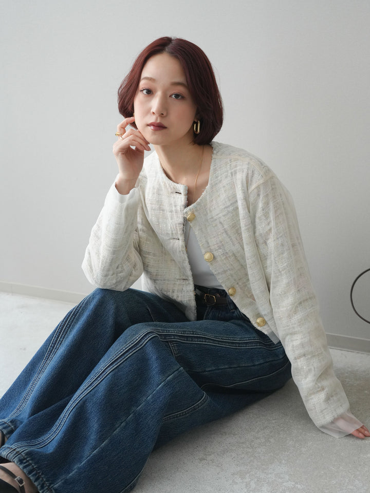 [予約]チュールレイヤードツイードクロップドジャケット/pink