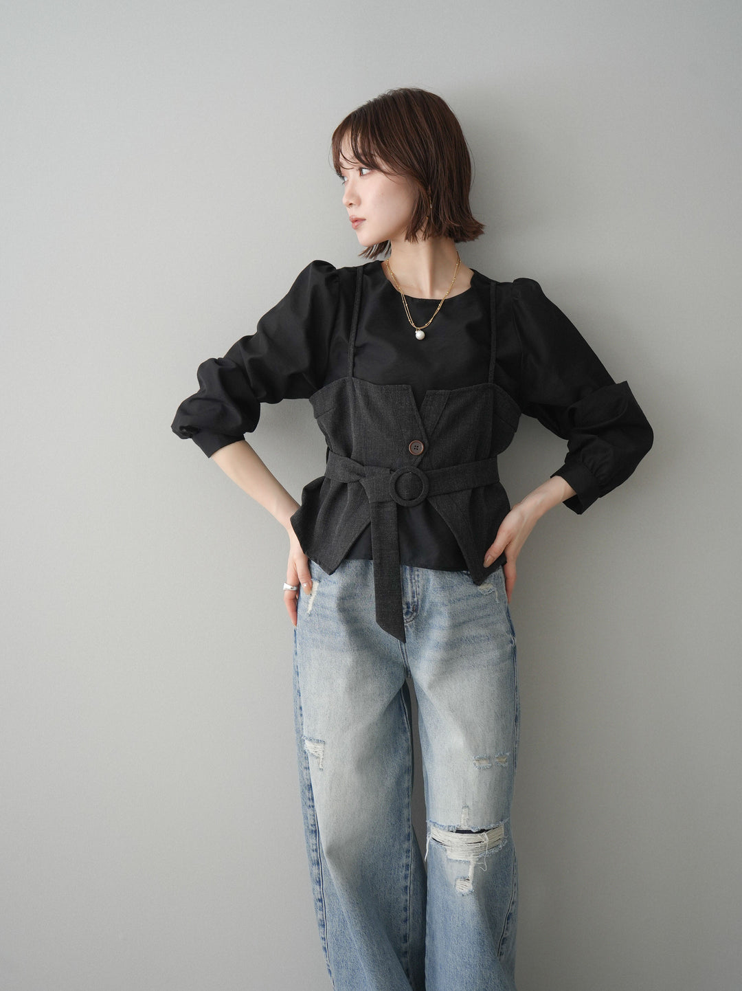 [SET]異素材ビスチェドッキングブラウス+選べるアクセセット(2set)