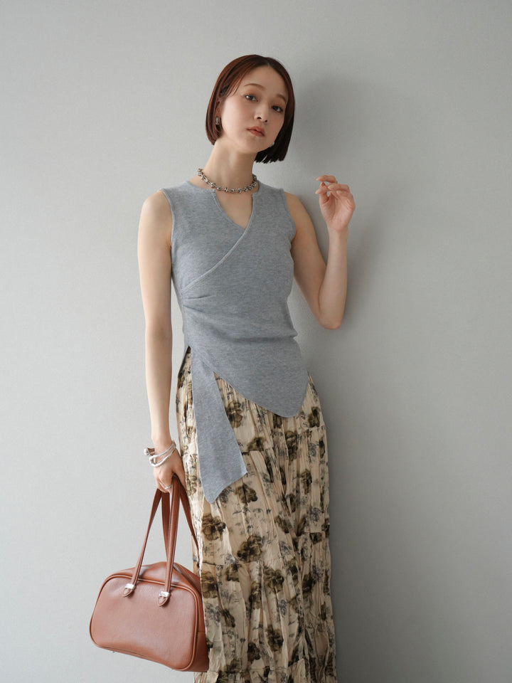 [SET]カシュクールノースリーブニットトップス+フラワーワッシャーロングスカート(2set)