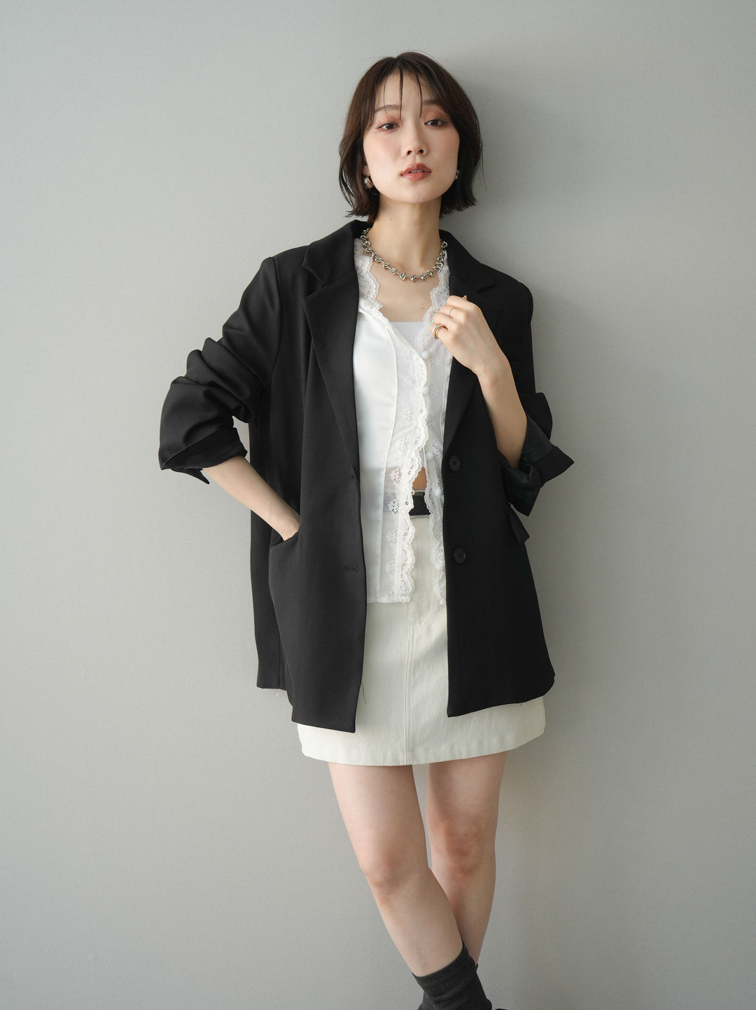 [SET]バックスリットデザインジャケット+ベルト付カーゴミニスカート(2set)