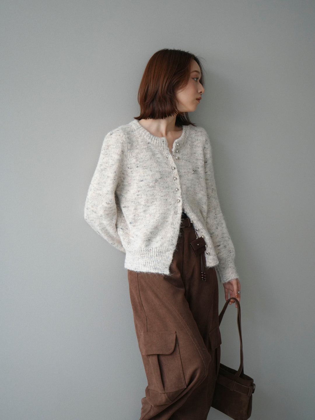 [予約]ブローチ付silverボタンミックスニットカーディガン/beige