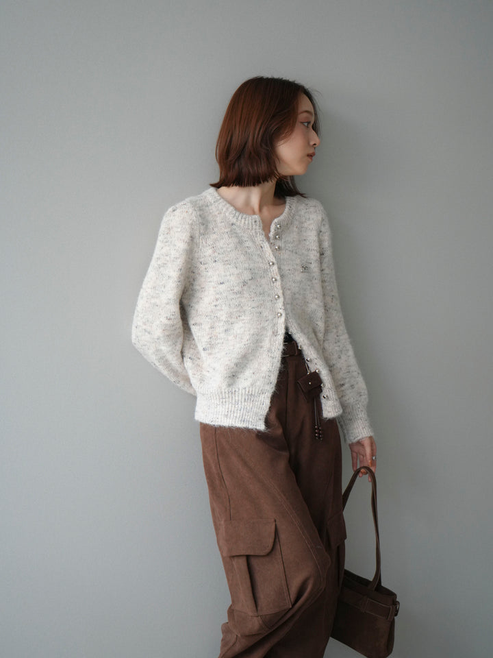 [予約]ブローチ付silverボタンミックスニットカーディガン/beige