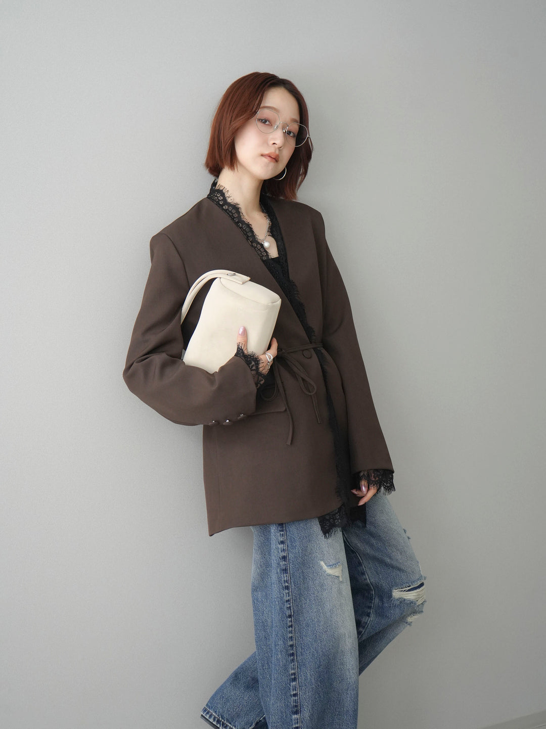 [SET]ノーカラーレースジャケット+カップ付テレコリブベアキャミソール(2set)