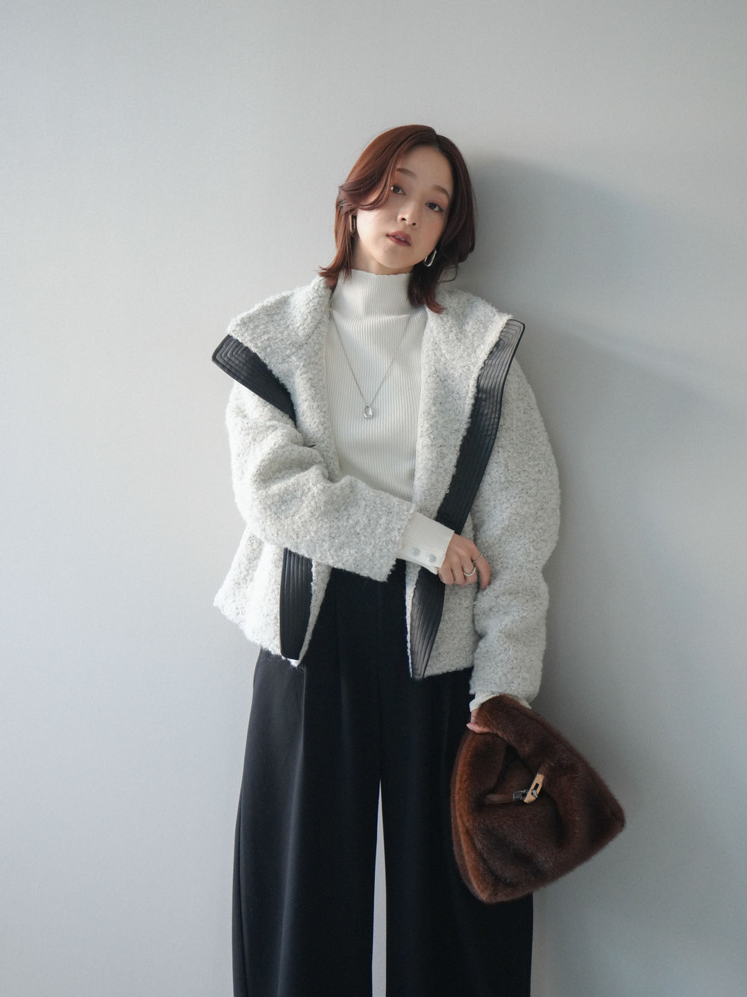 [SET]レザー切替ブークレブルゾン+アニマル柄ベルト付きウールタッチワイドパンツ(2set)