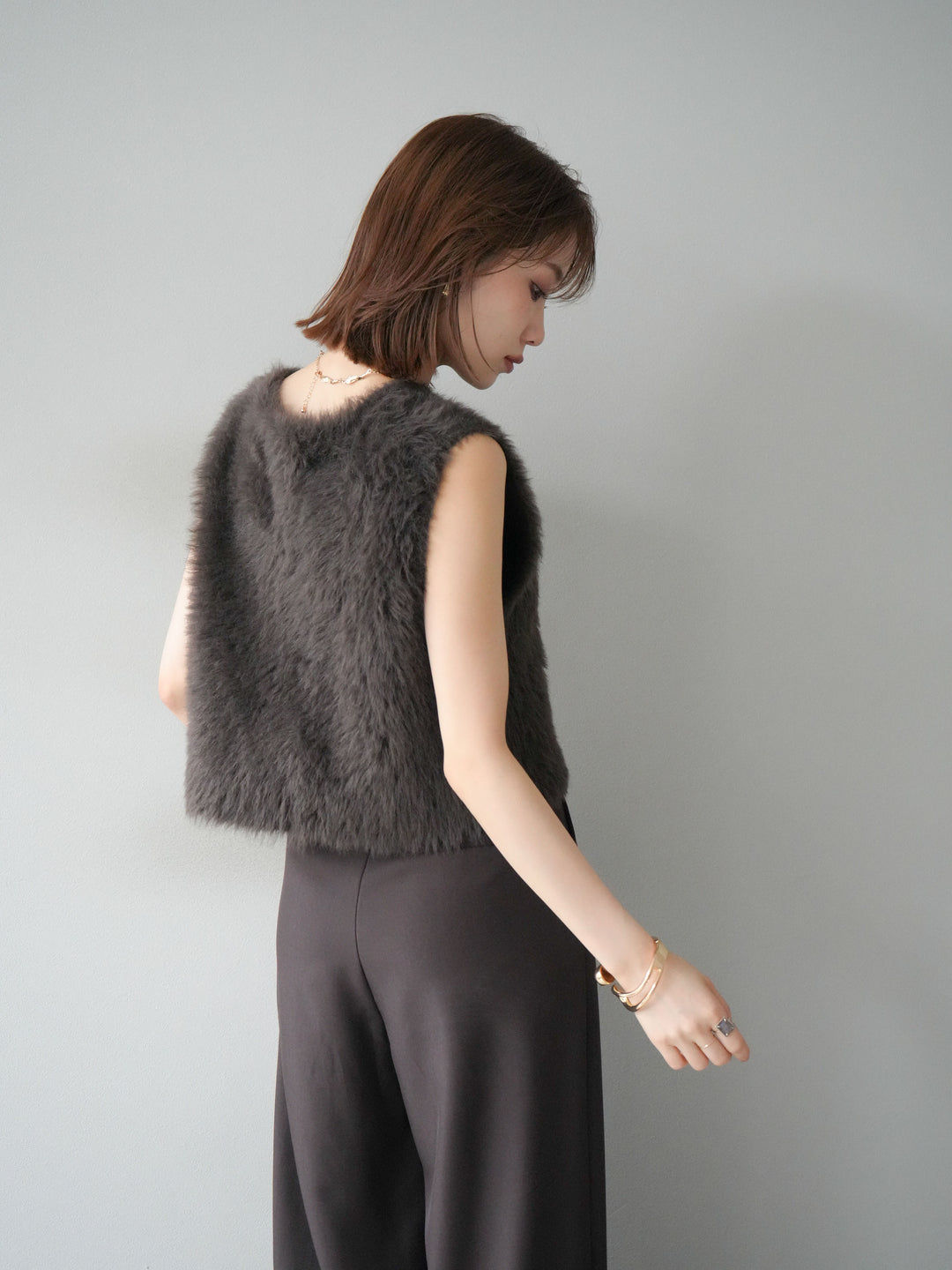 [予約]ミンクライク前後2WAYショートジレ/ブラウン