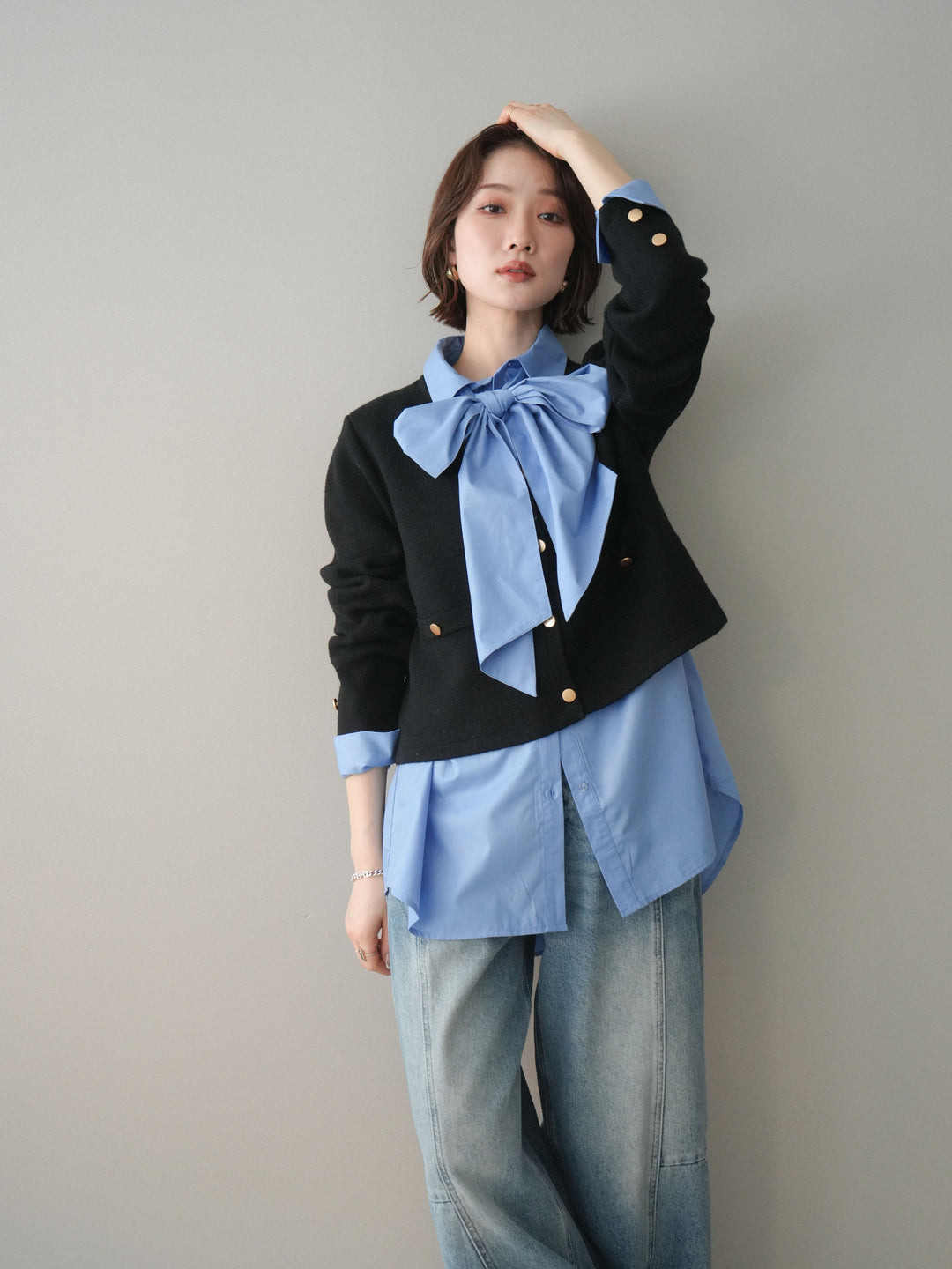 [予約]ゴールドボタンノーカラーニットジャケット/black