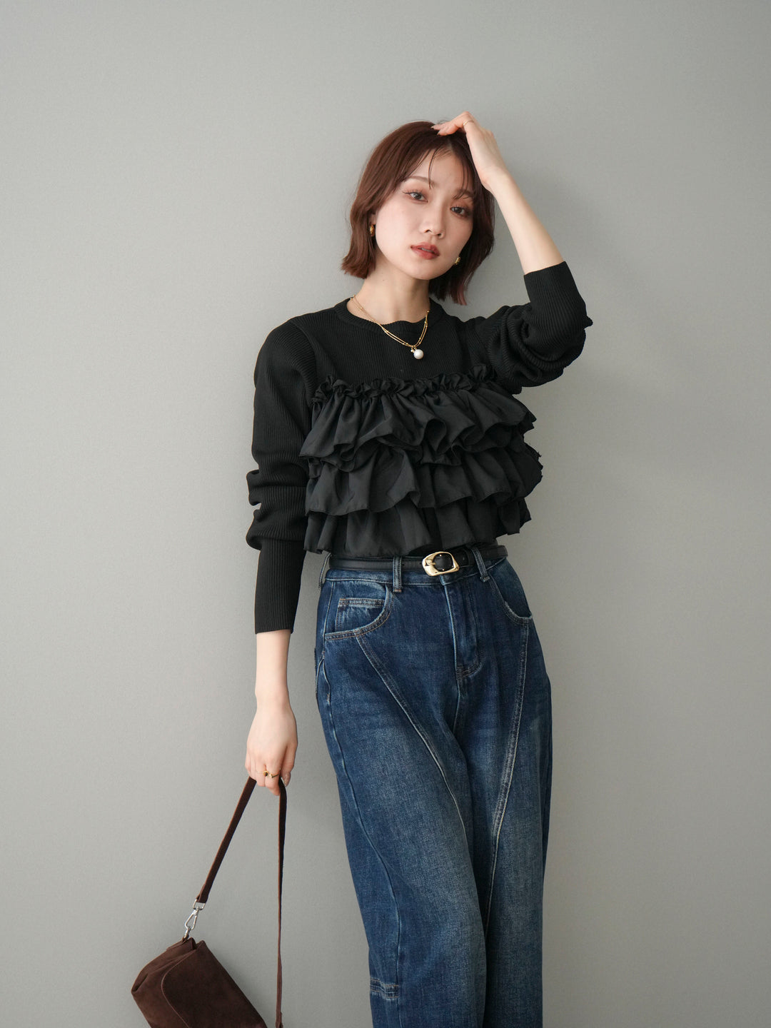 [予約]フリルビスチェドッキングスポンジニットプルオーバー/black