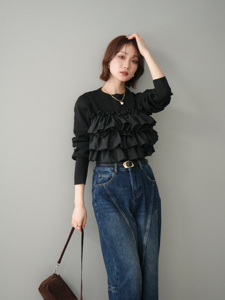 [予約]フリルビスチェドッキングスポンジニットプルオーバー/black