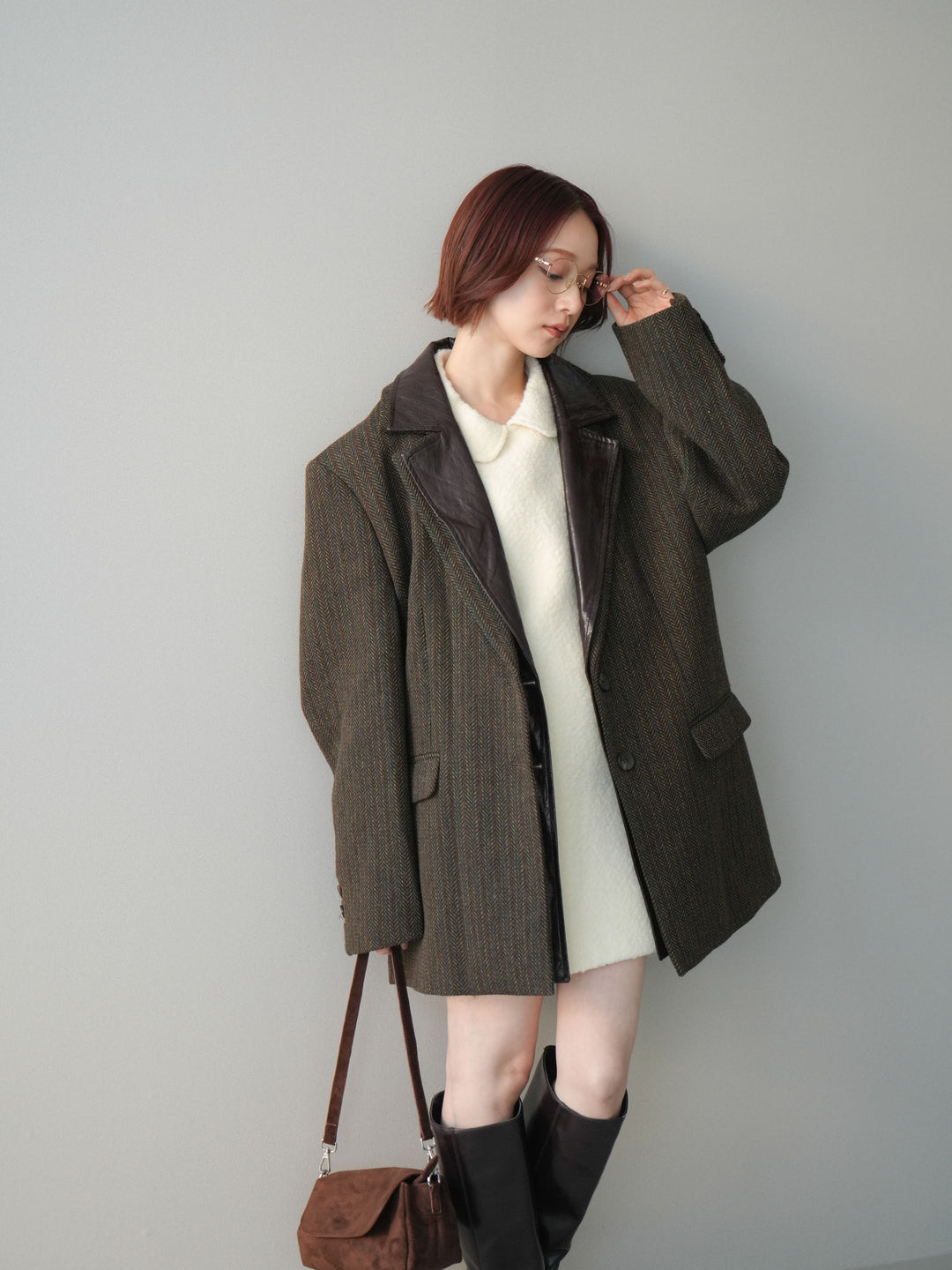 [SET]襟付きブークレミニワンピース+レイヤードデザインツイードテーラードジャケット(2set)