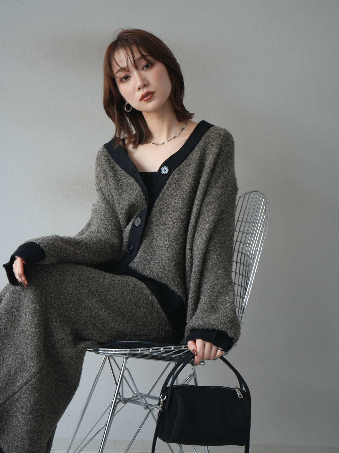 [予約]ブークレバイカラーニットカーディガン/charcoal