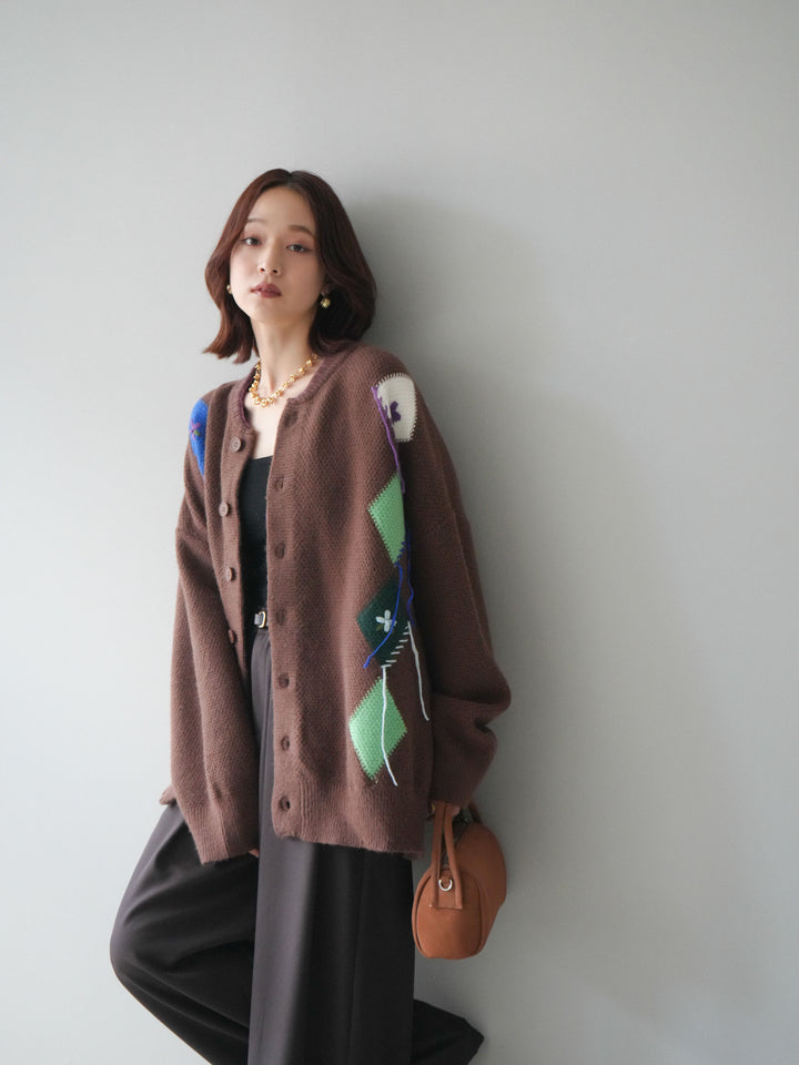 [SET]ハンドステッチアーガイルデザインニットカーディガン+ベルトループデザインワイドパンツ(2set)