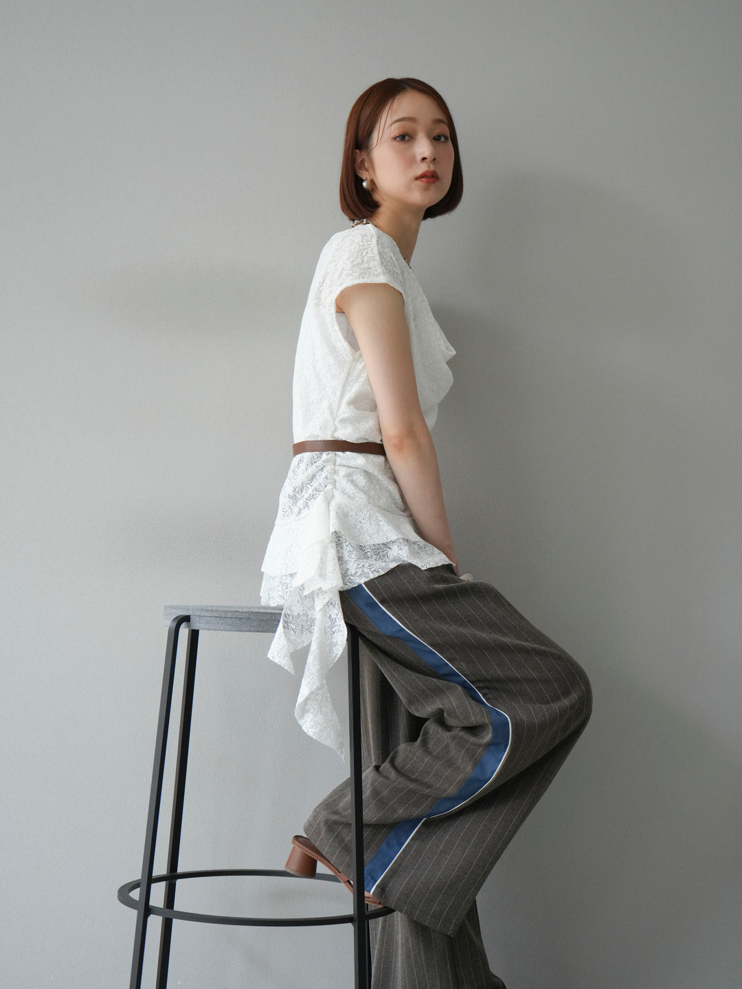 [予約]サイドラインストライプワイドパンツ/ブラウン