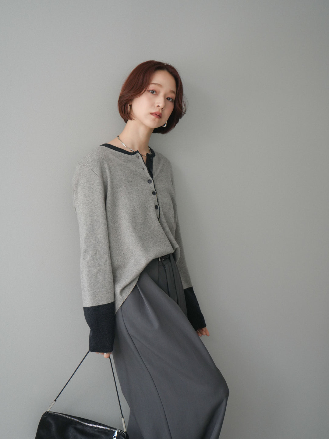 [SET]ヘンリーネック配色ニットソー+ベルトループデザインワイドパンツ(2set)