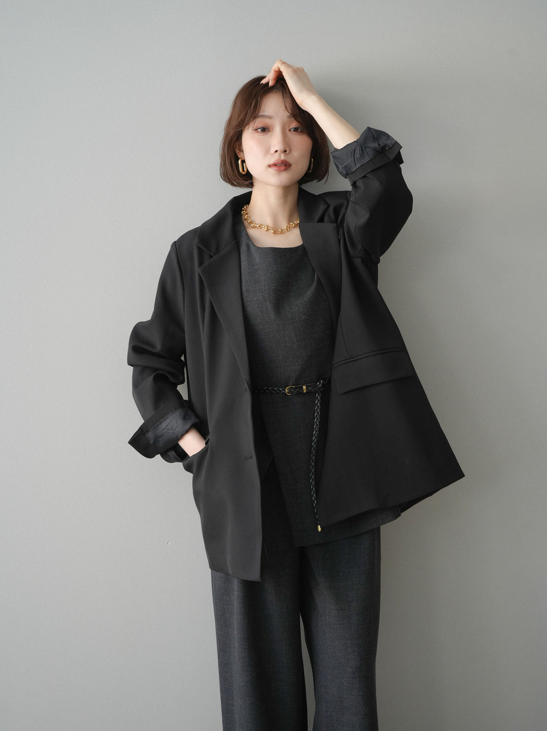 [SET]ベルト付ノースリーブトップス＆ワイドパンツSETUP