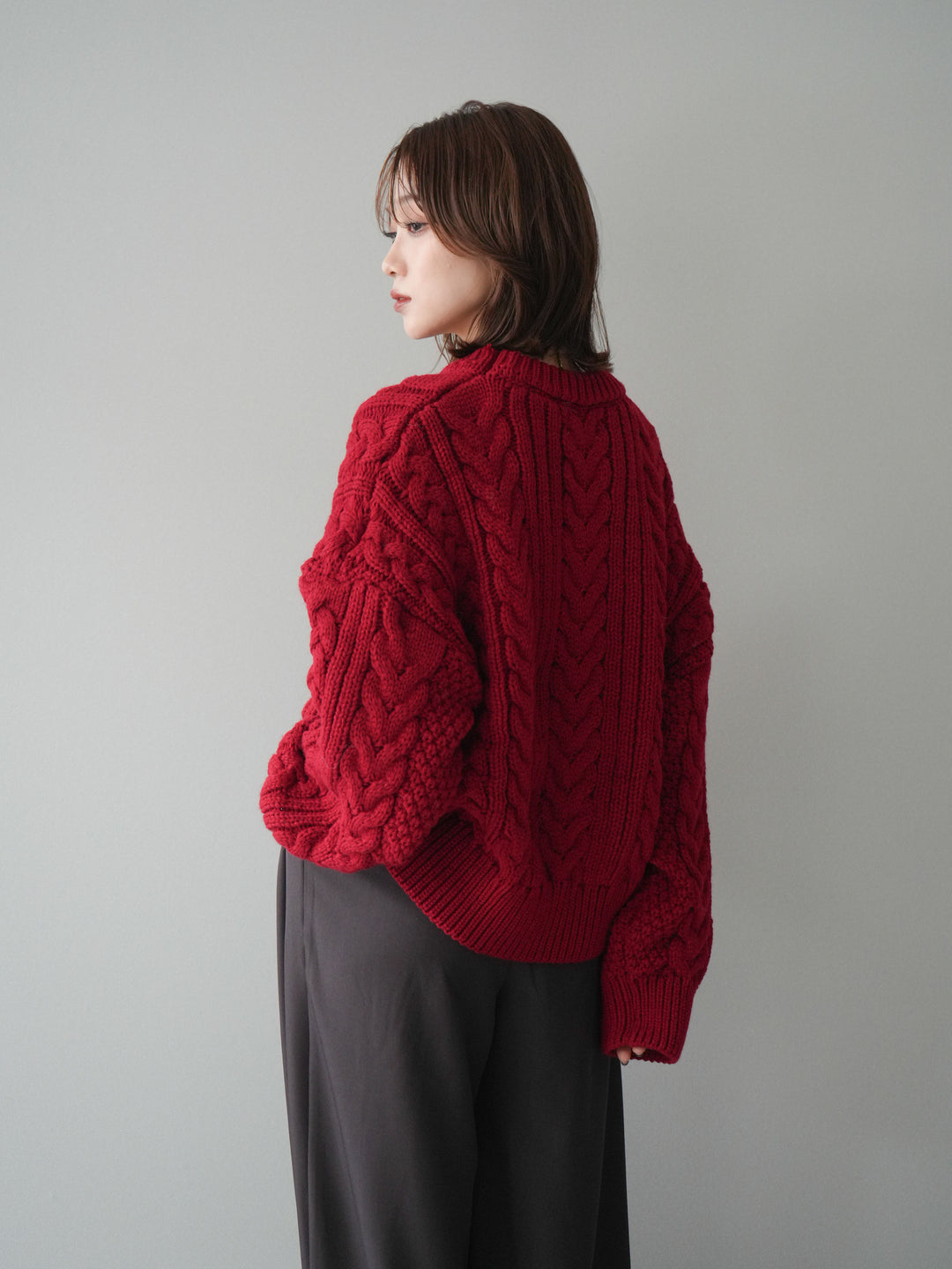 [予約]ボリュームケーブルニットプルオーバー/red