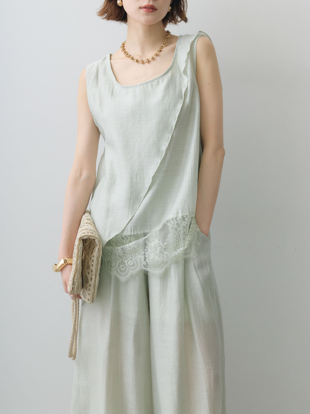 [SET]レイヤードデザインヘムレースタンクトップ＆イージーパンツSET UP(2SET)+選べるアクセセット(2set)