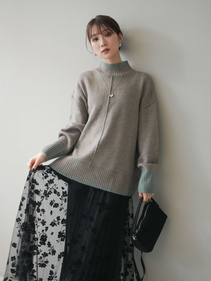 [SET]配色ハイネックニットプルオーバー+フラワーフロッキーチュールプリーツスカート(2set)