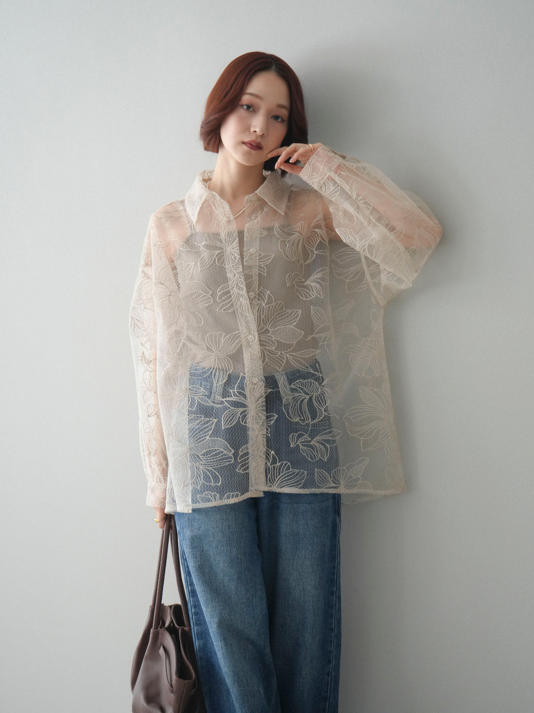 [予約]チュールフラワー刺繍オーバーシャツ/ecru