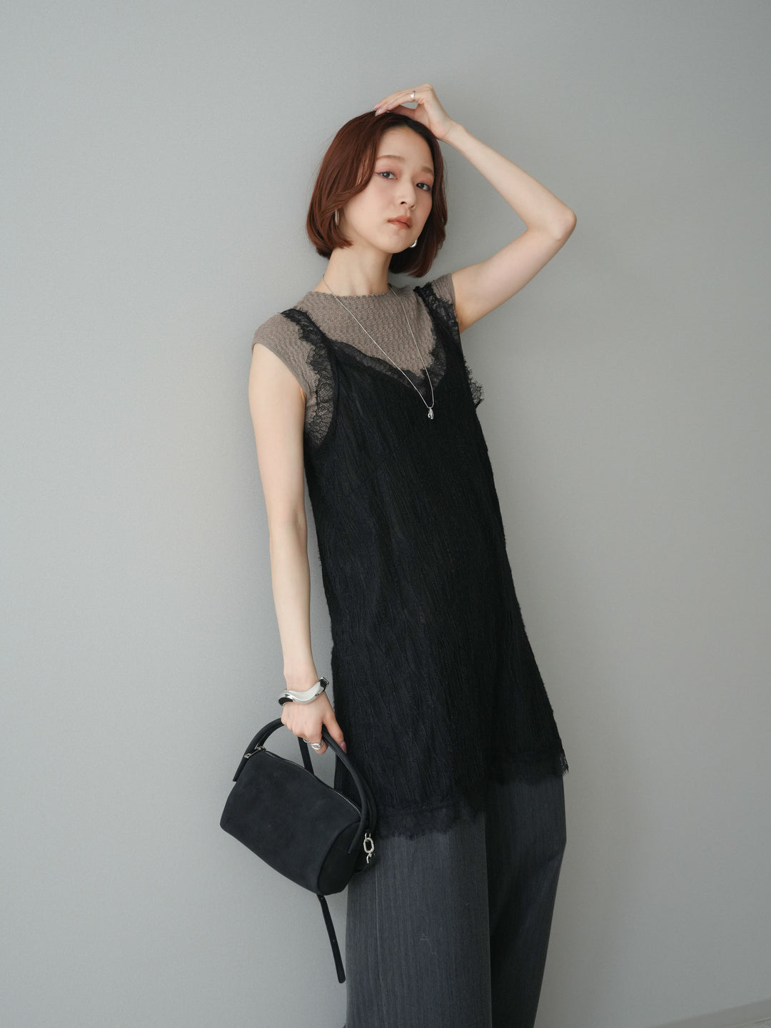 [予約]レース切替ジャガードニットロングキャミソール/black