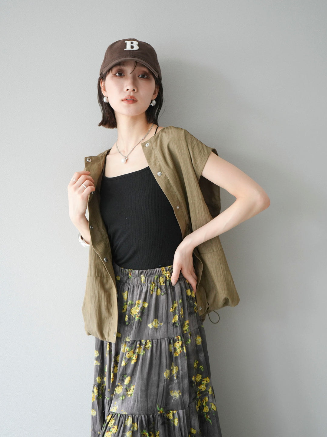 [SET]リネンライクドロストバルーンブルゾン+フラワーワッシャープリーツスカート(2set)