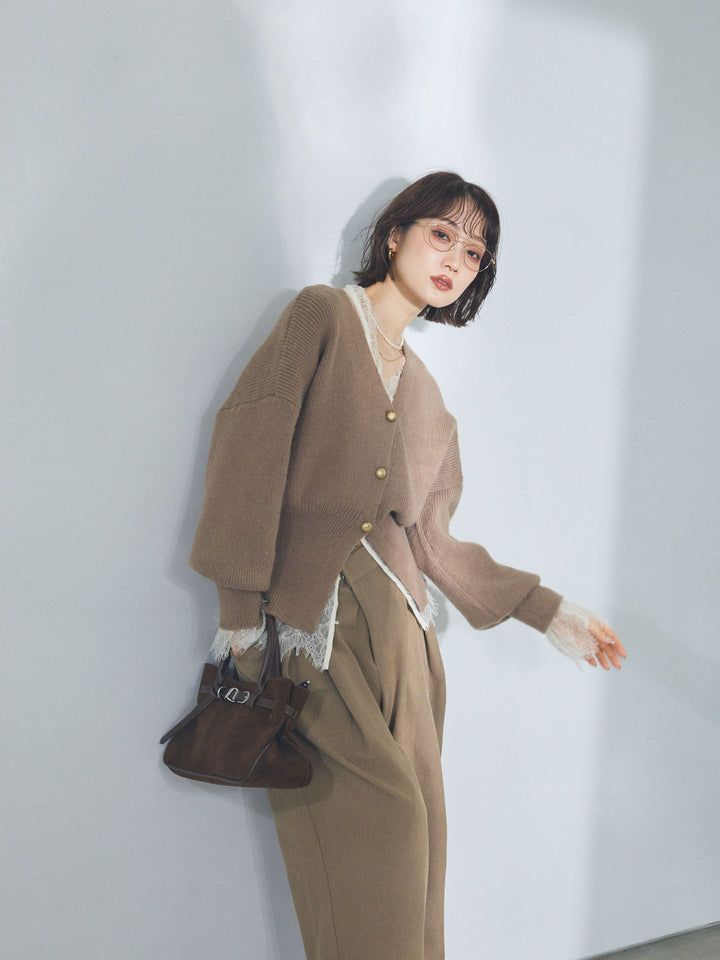 【Allure】[SET]ゴールドボタンニットカーディガン×レースブラウスSET+ゴールドボタンニットカーディガン×レースブラウスSET(2set)