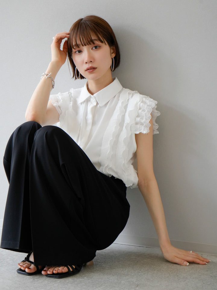 [SET] Mixed material pleated mellow frill design blouse + wrap wide pants (2set)