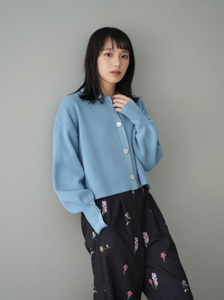 [SET]ボリュームスリーブポロニットカーディガン+フラワーアートプリントタックパンツ(2set)