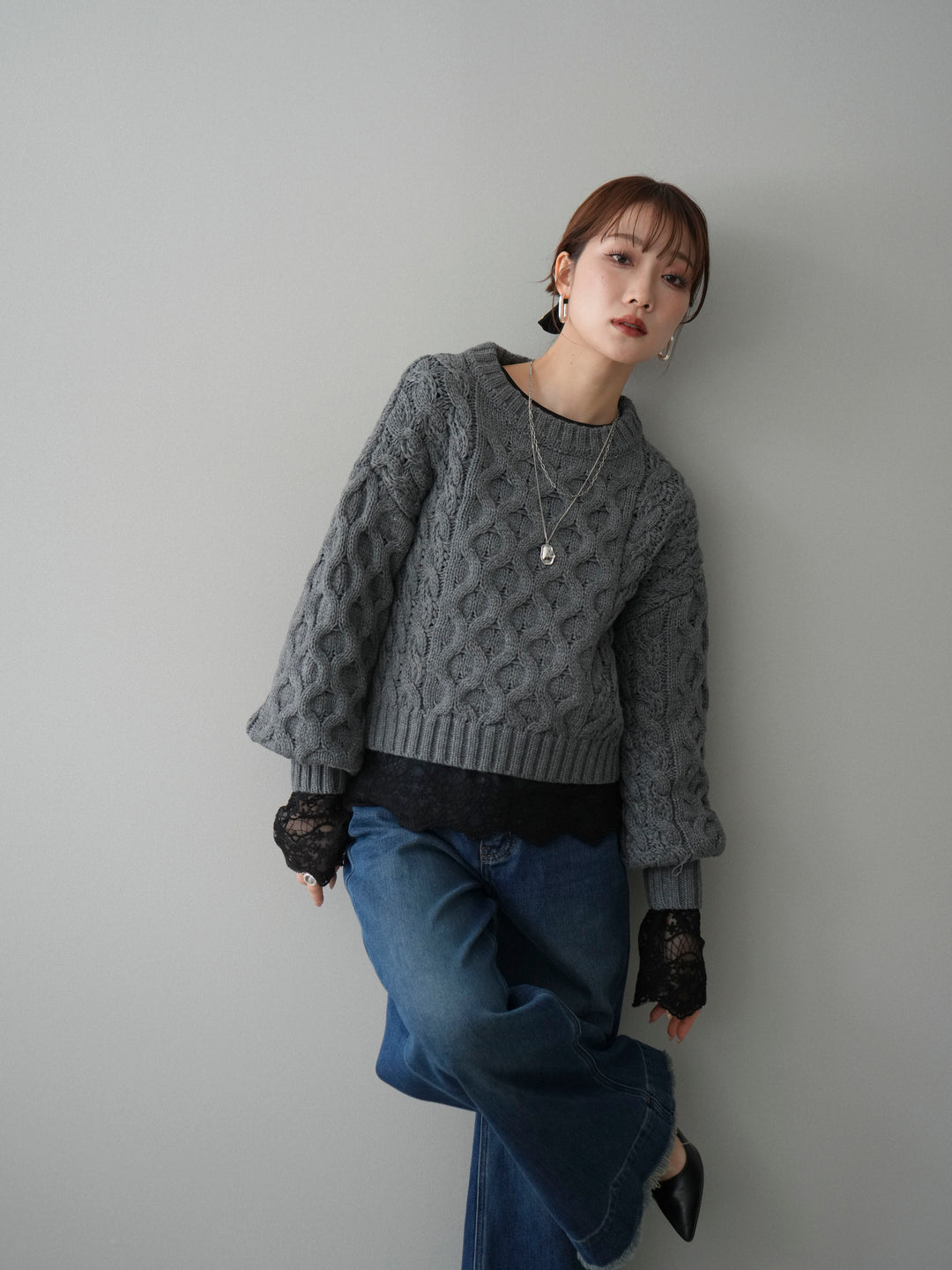 【着回しセット】[SET]バルキーケーブルクロップドニットプルオーバー+アンゴラタッチクルーネックニットプルオーバー+チュールレーストップス(3set)