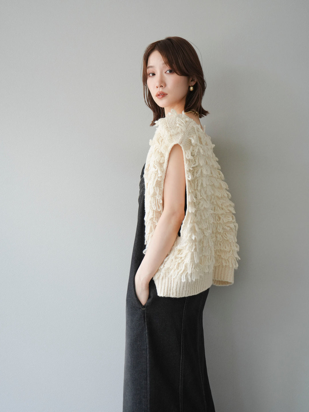 [SET]ループデザインベスト+アシンメトリーデニムワンピース(2set)