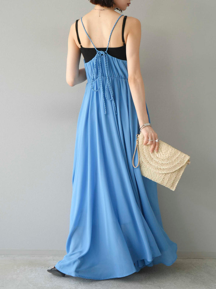 [予約]編み込みデザインシフォンワンピース/ブルー