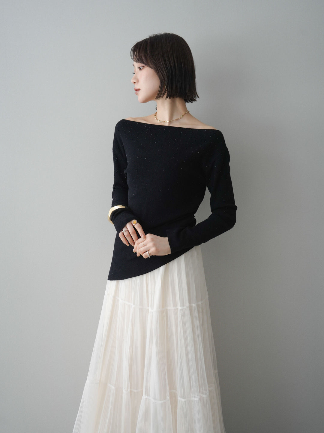 [予約]ラインストーンアシンメトリーニットトップス/black