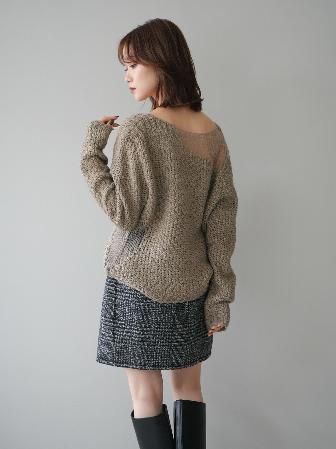[予約]ダメージデザインニットプルオーバー/greige