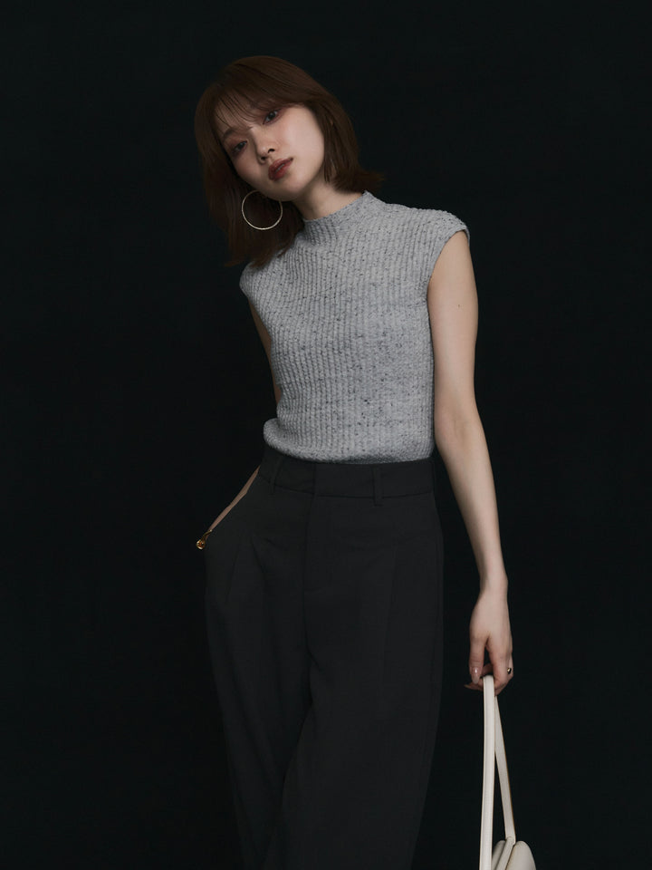 【Allure】[SET]ミックスヤーンデザインリブフレンチスリーブニット+デザインタックセンターシームアイドパンツ(2set)