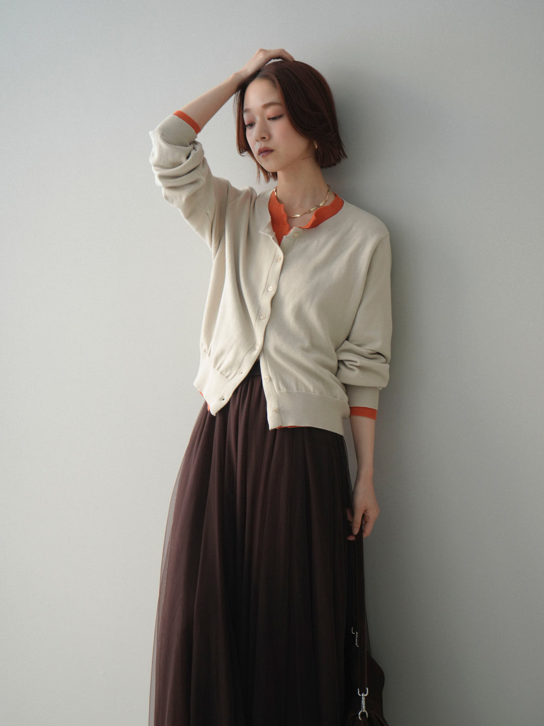 [予約]配色レイヤードコットンアクリルニットカーディガン/ivory