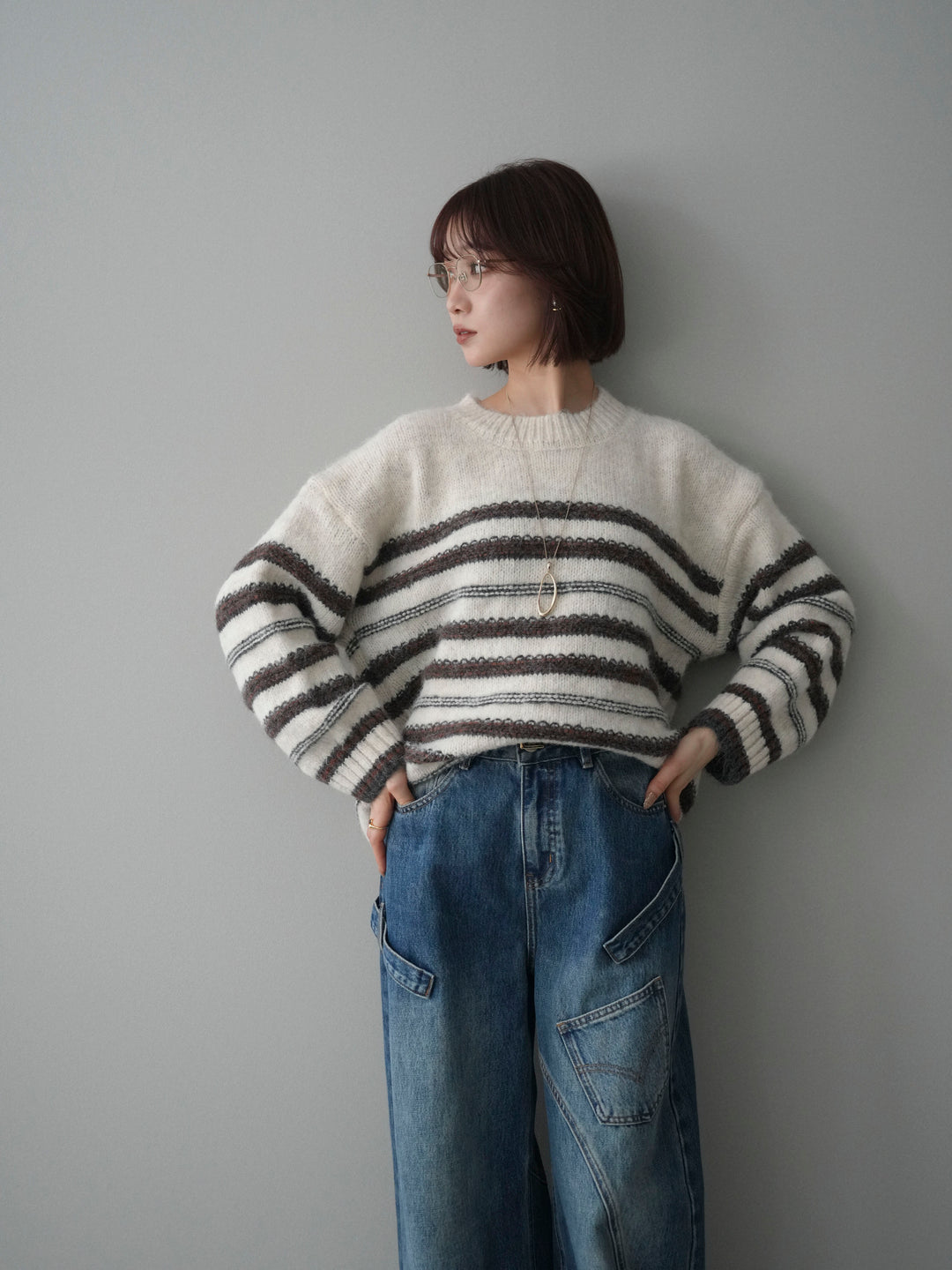 [予約]ステッチボーダーニットプルオーバー/white