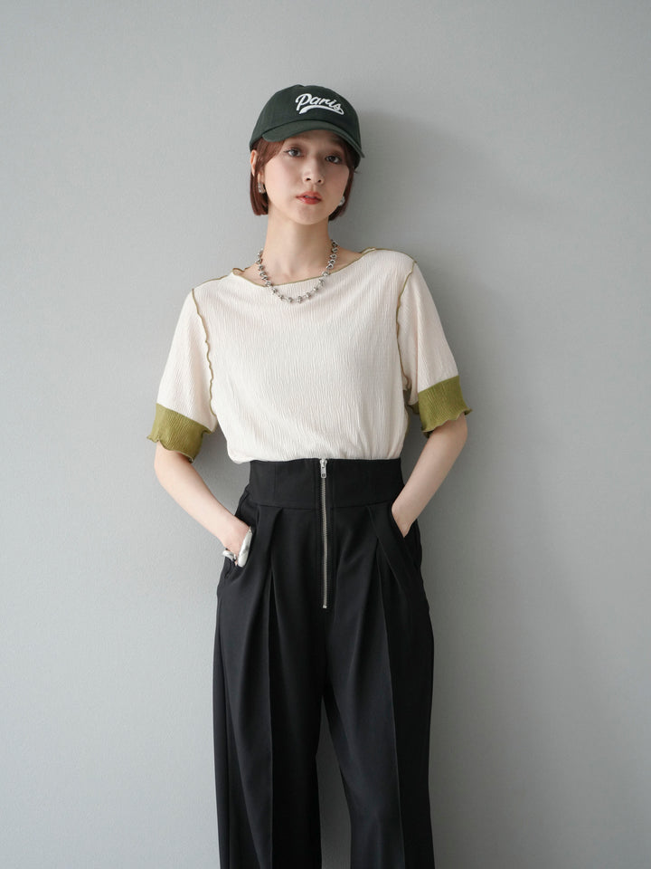 [SET] 百褶同色船領套頭衫 + 拉鍊褶襉寬褲 (2 套)