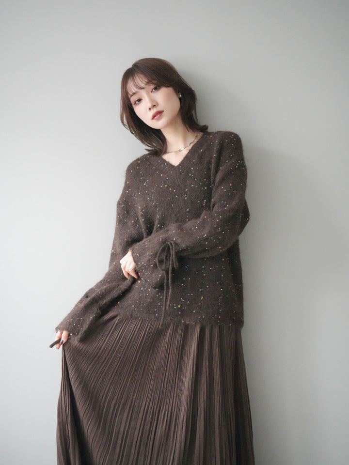 [予約]キャンディースリーブカラーネップスパンコールニットプルオーバー/brown