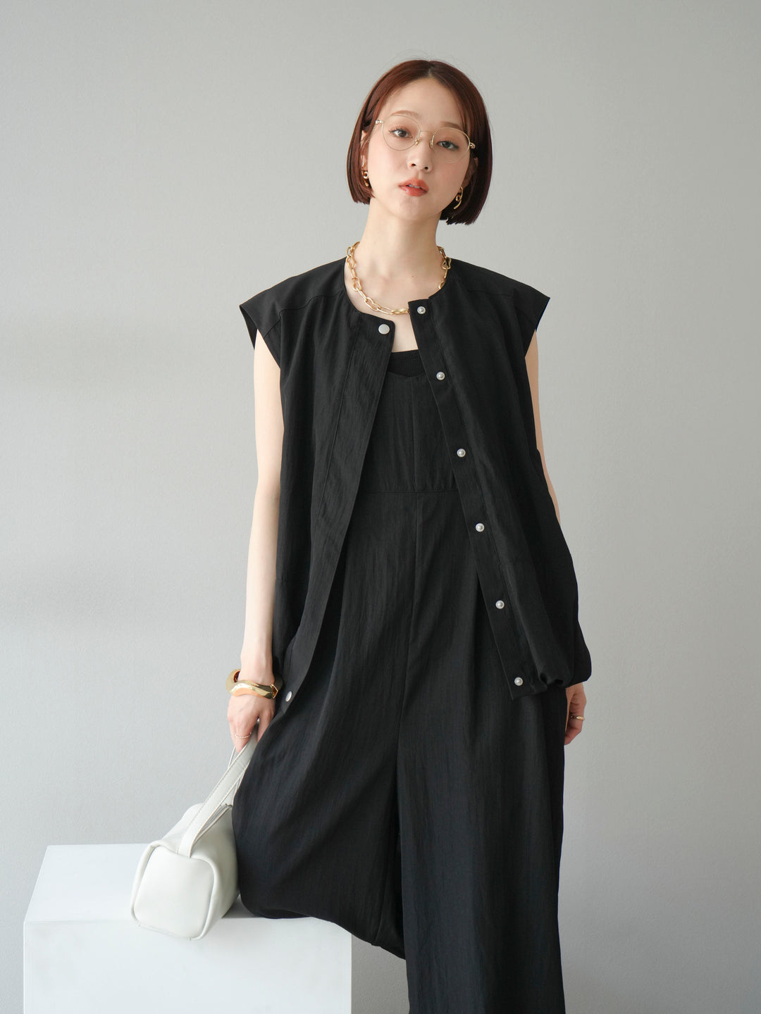 [SET]リネンライクビスチェデザインサロペット+リネンライクドロストバルーンブルゾン(2set)